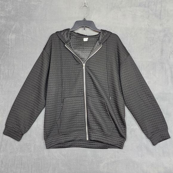 Quilted Knit Hooded Sweatshirt Hoodie Jacket Zip Up Long Sleeve Black Large - Picture 1 of 5